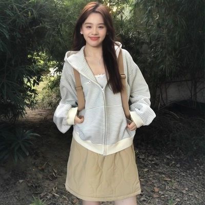 美式复古慵懒风条纹连帽卫衣女春秋2025新款刺绣拉链开衫外套