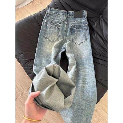 浅色破洞牛仔裤女春秋高腰口袋设计感阔腿裤直筒拖地长裤
