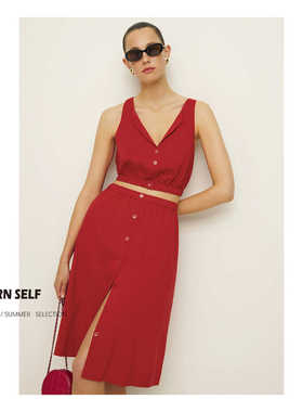REURNSELF 新款法式reformation红色上下两件套装无袖衬衣连衣裙