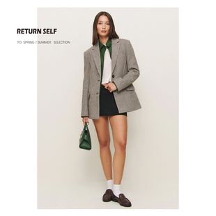 RETURNSELF老钱风亚麻西装外套女春秋休闲西服小西装reformation