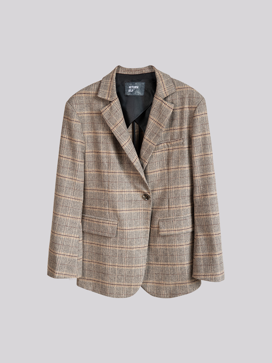 归己长袖格子抽褶宽松西装外套