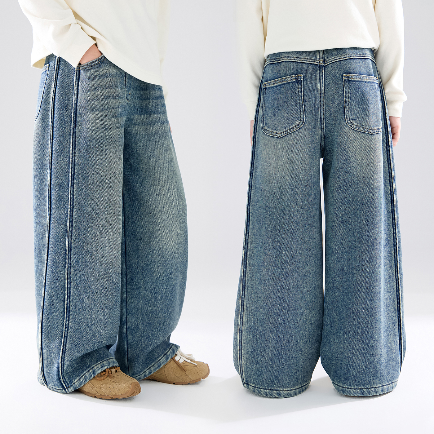 女童直筒加绒牛仔裤百搭保暖