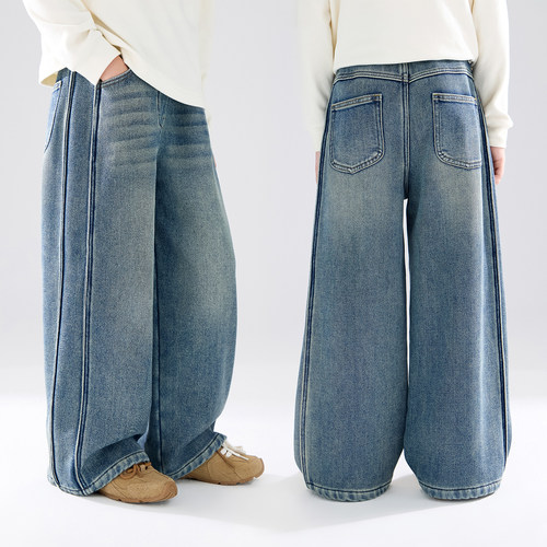 女童直筒加绒牛仔裤百搭保暖