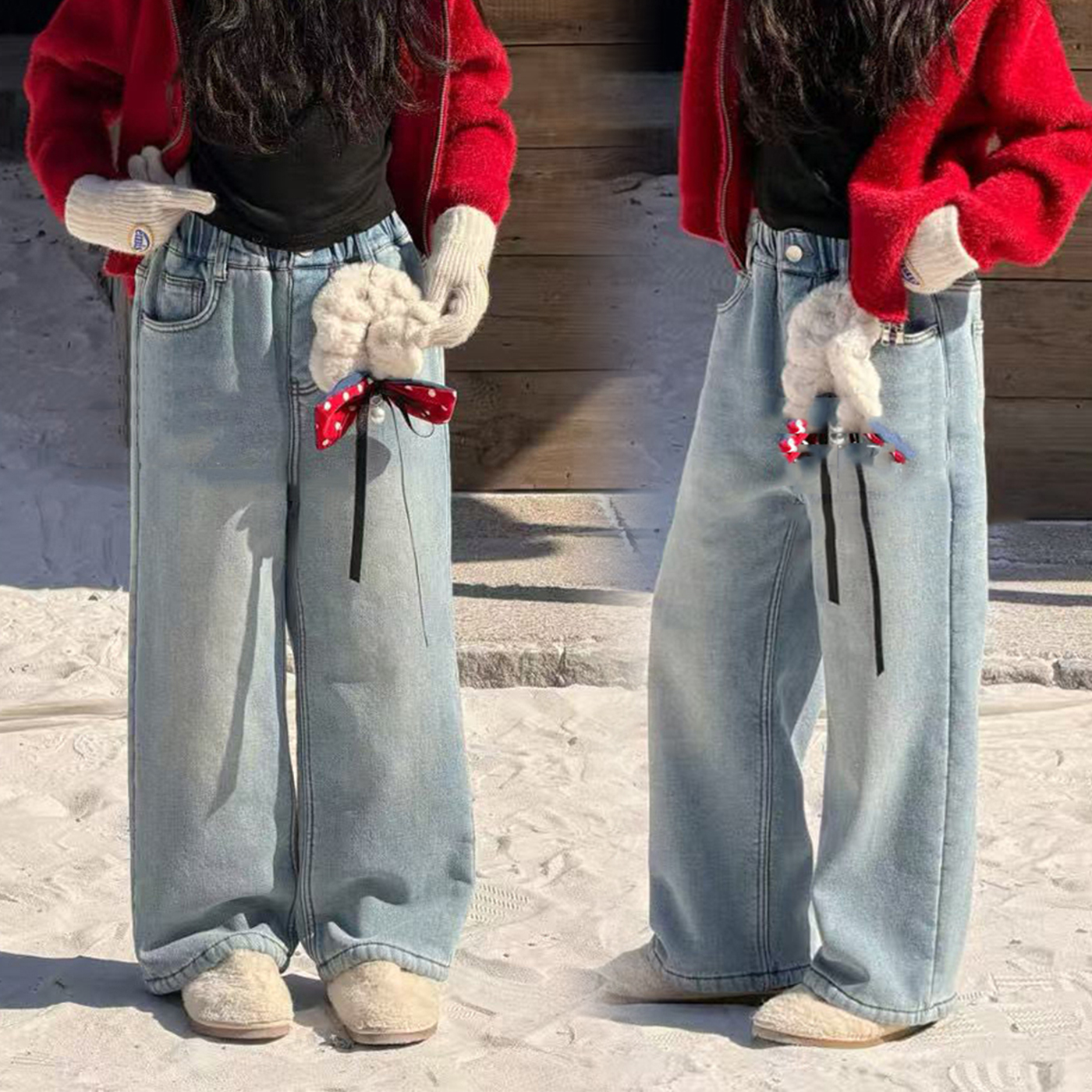 女童加绒直筒牛仔裤冬宽松儿童