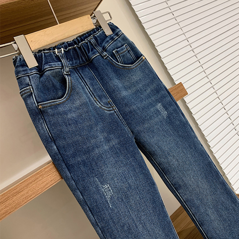 高腰一体绒水洗牛仔喇叭裤