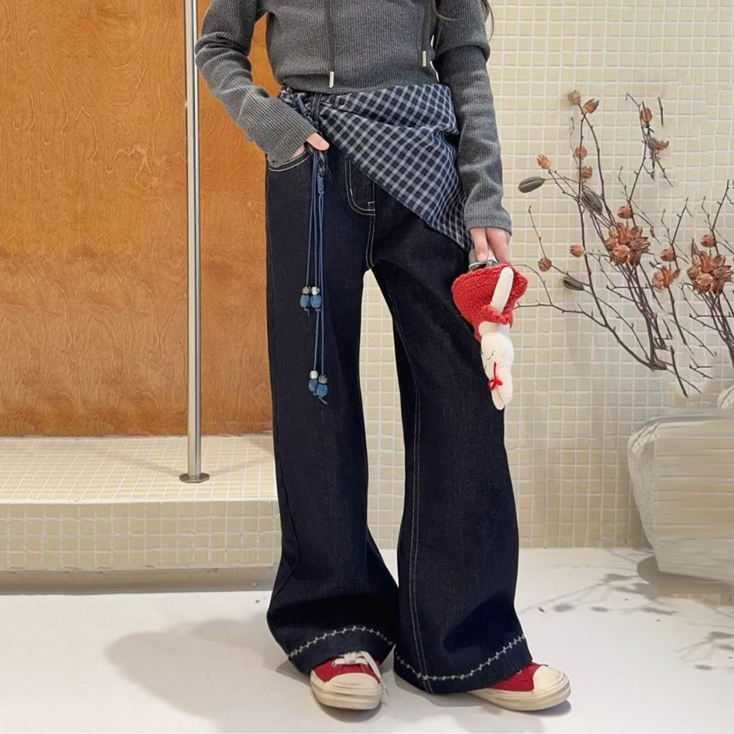 女童加绒牛仔裤深蓝微喇裤