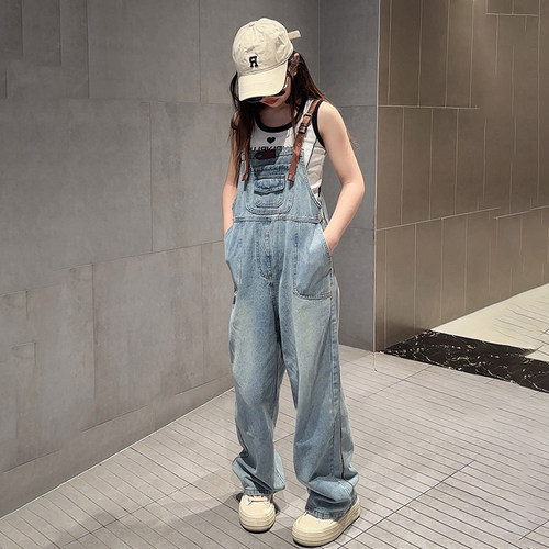 女童棕色皮扣航线水洗牛仔背带裤