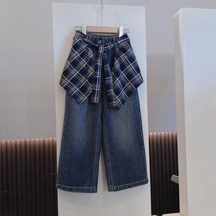 女童格子屁帘牛仔裤26秋装新款韩版复古长裤中大童宽松百搭直筒裤