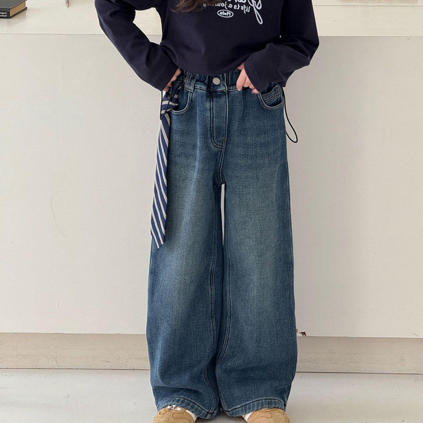 女童秋冬装加绒牛仔裤2025新款儿童腰带阔腿裤中大童装百搭直筒裤,童装/婴儿装/亲子装,儿童牛仔裤,淘宝优惠券,粉丝福利购,淘宝优惠卷