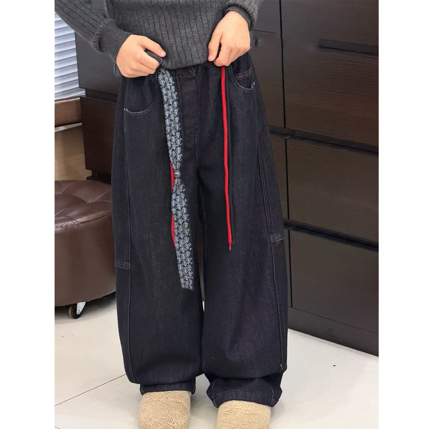 女童一体绒弯刀加厚牛仔裤男童