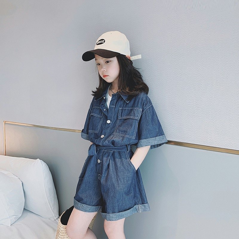 女童工装连体裤2026夏装新款儿童牛仔短袖连体衣中大童洋气连身裤