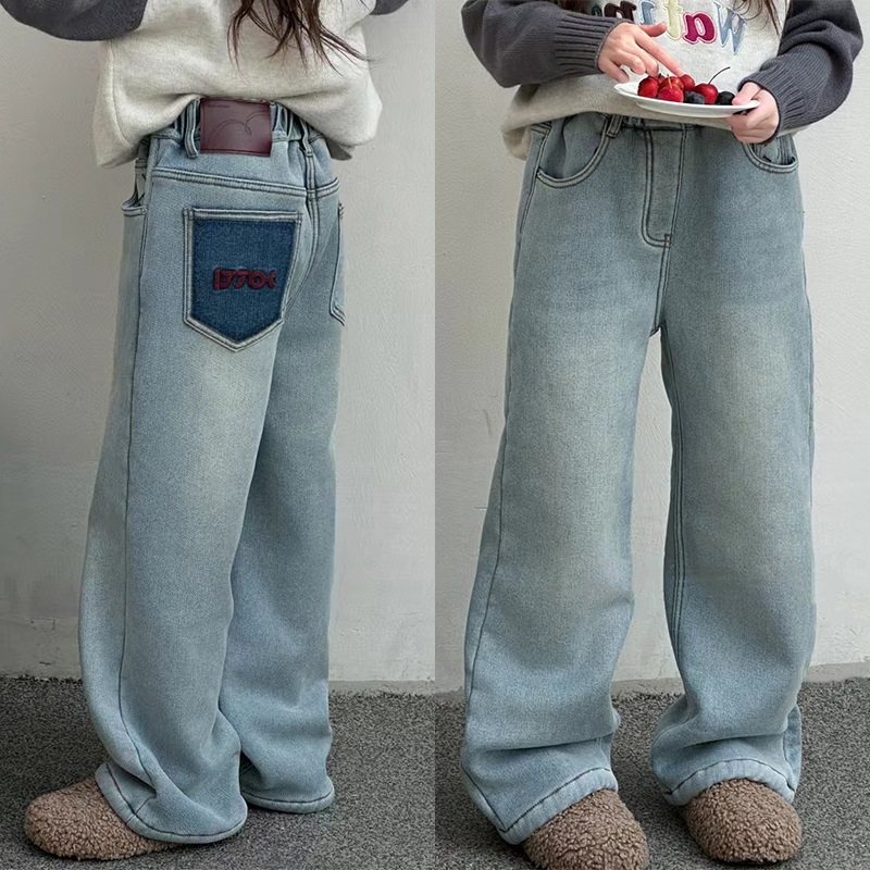女童加绒牛仔裤儿童加厚直筒裤长裤宽松一体绒羊驼绒中大童休闲裤,童装/婴儿装/亲子装,儿童牛仔裤,淘宝优惠券,粉丝福利购,淘宝优惠卷