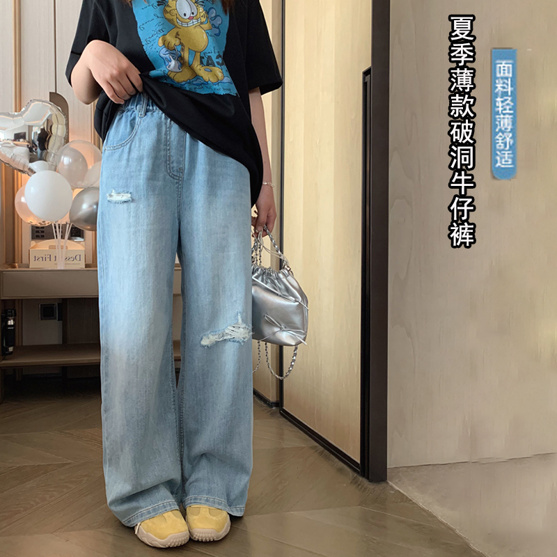 女童破洞蕾丝牛仔裤2025夏季新款韩版宽松薄款直筒裤中大童阔腿裤
