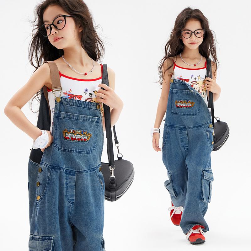 女童工装牛仔背带裤复古阔腿裤
