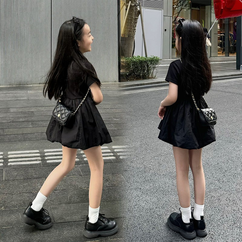 韩国童装女童连衣裙2025新款公主裙夏季洋气纯色显瘦短袖小黑裙子