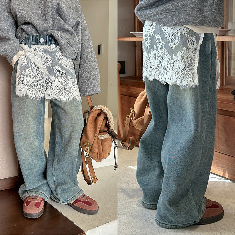 童装2025秋冬新款女童蕾丝围裙加绒牛仔裤中大童阔腿裤儿童直筒裤,童装/婴儿装/亲子装,裤子,淘宝优惠券,粉丝福利购,淘宝优惠卷