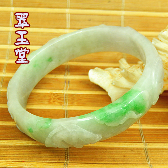 54mm玉原石A货冰糯老坑种飘三彩色雕花手镯 老坑翡翠精工正装明料