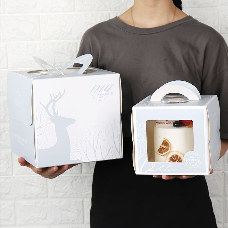 4寸6寸8寸蛋糕包装盒北欧风麋鹿手提慕斯加高双层纸盒子