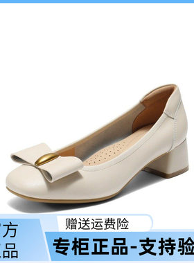 百丽秋款牛皮蝴蝶结粗高跟单鞋