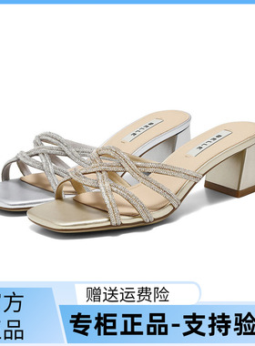 国内专柜正品2026夏款百丽一字拖鞋水钻高跟外穿女拖鞋F6Z1 F6Z1D