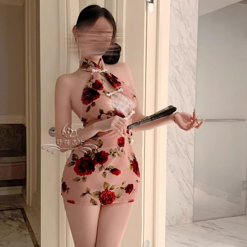 性感复古盘扣旗袍纯欲睡裙女人味网纱高腰开叉包臀睡衣