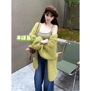原版秋冬多巴胺色慵懒风显瘦百搭灯笼袖中长款针织开衫女毛衣外套