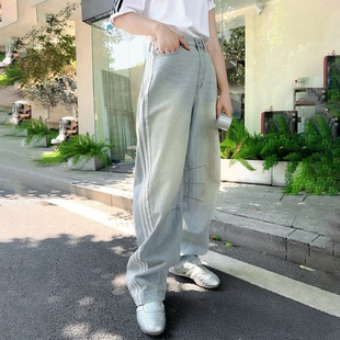 Adidas三叶草女新款撞色条纹宽松阔腿运动牛仔长裤 KG0201 KG0200