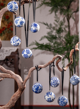 欧洲订单 青花瓷5厘米陶瓷球挂坠风铃圣诞树挂件车载装饰小摆件