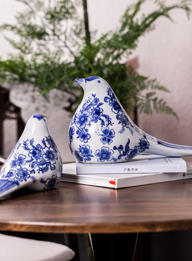 新中式青花瓷长尾鸟陶瓷鸟摆件吉祥鸟客厅书房玄关饰品装饰品摆件