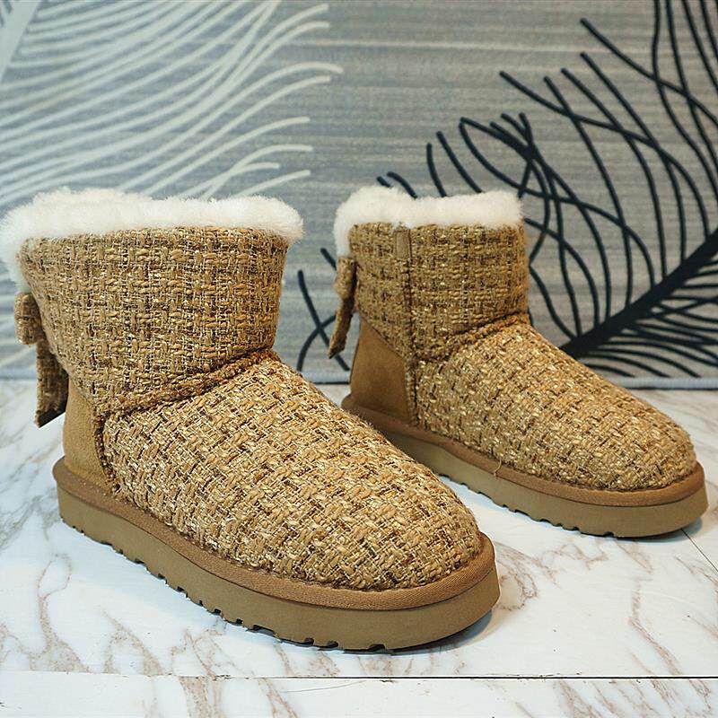 冬季新款真皮羊毛一体编织雪地靴   短筒靴 蝴蝶结套筒女靴子1-18