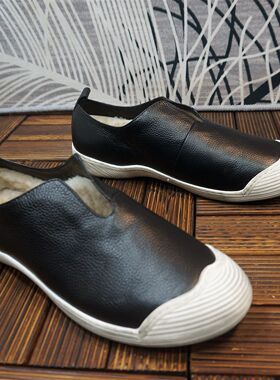 30-4A男士真皮牛皮羊毛套脚雪地靴  平跟套脚懒人鞋 棉靴