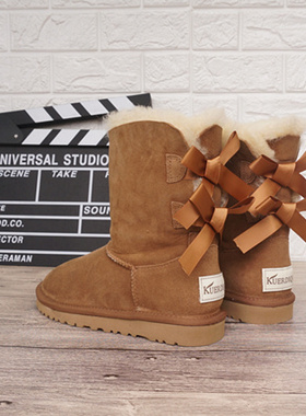 冬季真皮羊皮毛一体中筒雪地靴 保暖防滑后蝴蝶结纯羊毛棉靴11-1