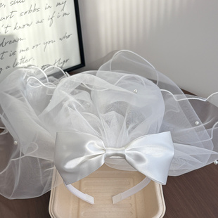 儿童发箍头纱一体头饰缎面蝴蝶结女孩发饰女童拍照写真道具可爱