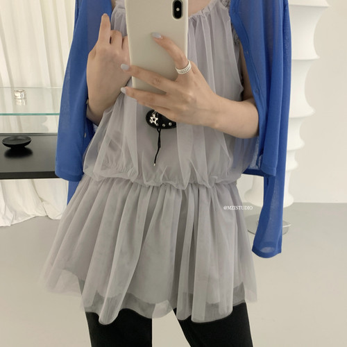 MZI STUDIO-花绽韩版超仙美貌网纱丰富层次感氛围纯欲无袖连衣裙