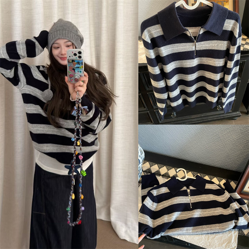 白鹿同款mm系条纹羊毛套头慵懒polo风针织毛衫,女装/女士精品,毛衣,淘宝优惠券,粉丝福利购,淘宝优惠卷