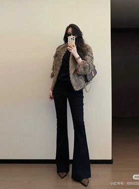 漫画腿～Mo高腰修身加绒微喇叭黑色牛仔裤