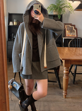 mo美丽诺绵羊毛连帽茧型蝙蝠袖双面呢大衣外套