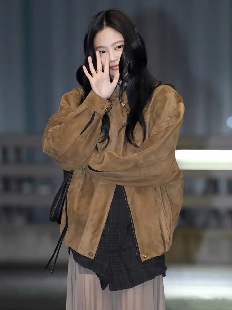 Jennie同款复古麂皮绒棒球服