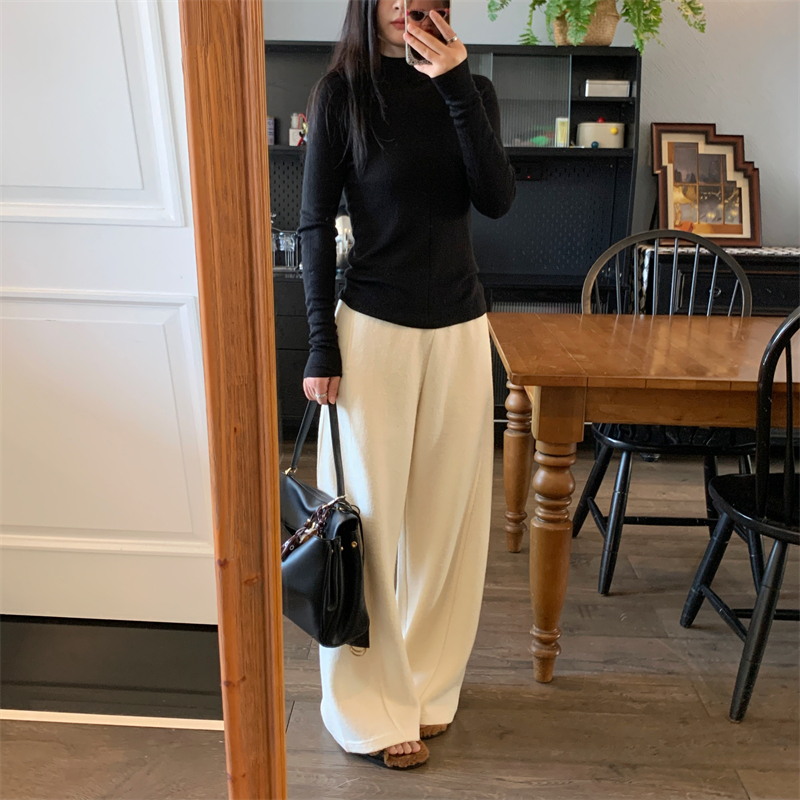 休闲松紧高腰直筒羊毛阔腿裤