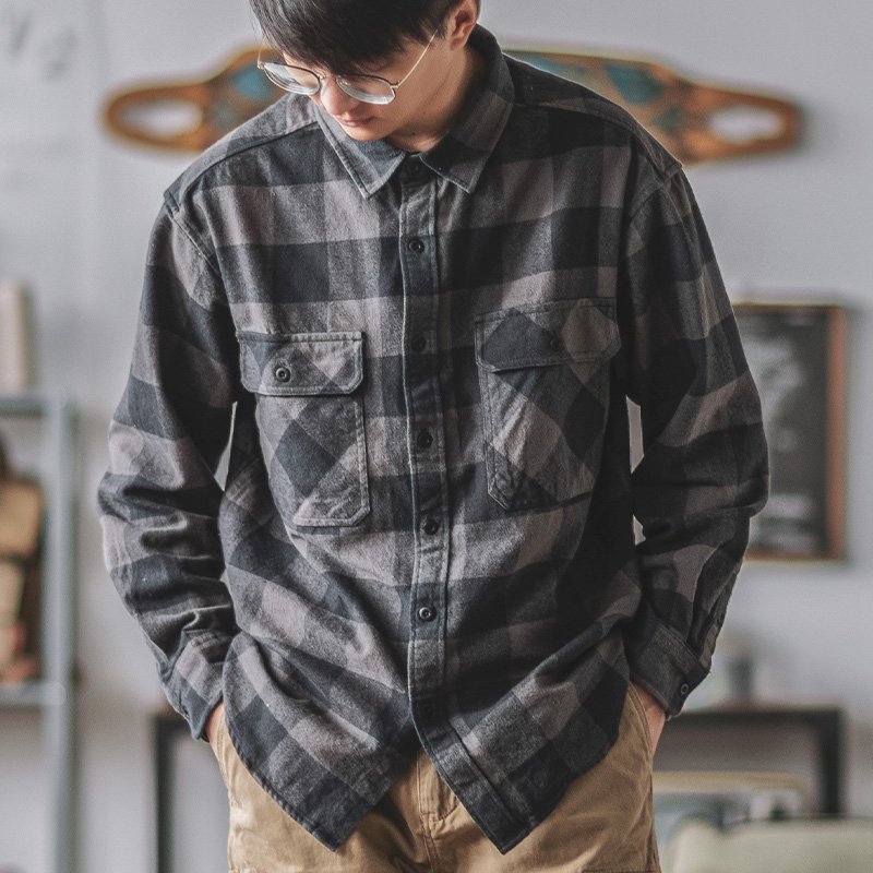 靛海美式复古纯棉野牛格子磨毛衬衫男重磅水洗口袋宽松毛呢衬衣秋