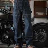 重磅原牛丹宁水洗直筒休闲长裤 靛海15.5OZ美式 复古双膝伐木牛仔裤