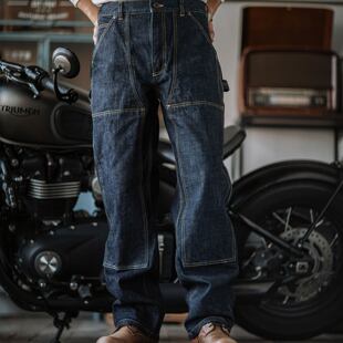 靛海15.5OZ美式复古双膝伐木牛仔裤重磅原牛丹宁水洗直筒休闲长裤