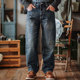 丹宁复古猫须宽松休闲长裤 靛海美式 重磅水洗磨破做旧直筒牛仔裤 男