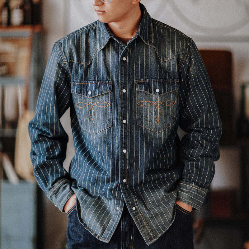 靛海 美式复古水洗做旧西部牛仔衬衫 阿美咔叽重磅全棉条纹衬衣男,男装,衬衫,淘宝优惠券,粉丝福利购,淘宝优惠卷