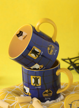 创意高颜值马克杯小众简约小猫陶瓷杯大容量带盖勺生日礼物早餐杯