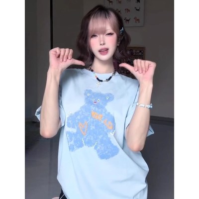 蓝色短袖t恤女2025新款夏季小个子宽松纯棉慵懒感甜美风半袖上衣