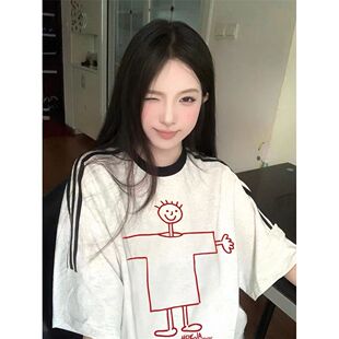 三条杠短袖t恤女夏季新款设计感甜美印花宽松纯棉初中生半袖上衣