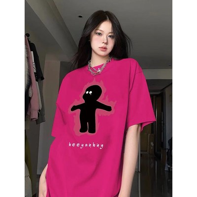 美式复古火龙果色短袖T恤女夏设计感小众多巴胺彩色穿搭正肩上衣