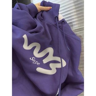 紫色美式复古卫衣女款秋冬款2024新款oversize韩版宽松加绒上衣潮