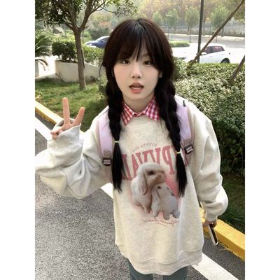 oversize潮牌百搭白灰色圆领卫衣女2024春秋新款美式卡通宽松上衣